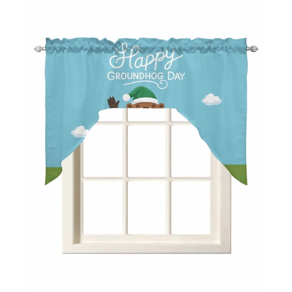 Happy Groundhog Day Swag Curtains for Kitchen Cartoon Ground Hog Hole Blue Sky Country Valances for Windows Rod Pocket Small Window Treatment Short Topper for Cafe Bedroom Bathroom Decor 56x36 Inch