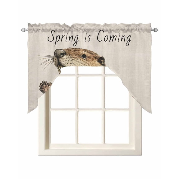 Happy Groundhog Day Swag Curtains for Kitchen Spring Seasonal Holiday Brown Animal Valances for Windows Rod Pocket Small Window Treatment Topper for Cafe Bedroom Bathroom Living Room Decor 56x36 Inch