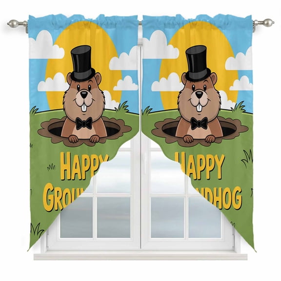 Happy Groundhog Day Swag Curtains for Living Room/Bedroom, Cartoon Ground Hog Grass Sun Sky Blue Swag Kitchen Curtain Valances for Windows, Tier Topper Scalloped Curtain 2 Panels, 56"W x 36"L