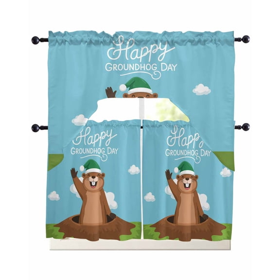 Happy Groundhog Day Swag Curtains for Living Room/Bedroom Windows, Cartoon Ground Hog Hole Blue Sky Country Kitchen Curtains and Valances Set 36 Inch Length, Swags Valance Curtain Panels