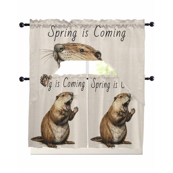 Happy Groundhog Day Swag Kitchen Curtains Sets for Windows 24 Inch Length, Spring Seasonal Holiday Brown Animal Short Window Curtain Panels Swags Valances and Tiers 3 Piece Set for Cafe/Dining Room