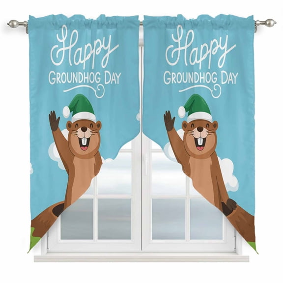Happy Groundhog Day Swag Valances for Windows 2 Pack, Kitchen Window Curtains 36 Inch Length, Cartoon Ground Hog Hole Blue Sky Country Privacy Swag Curtains for Living Room/Bathroom 36"x36"