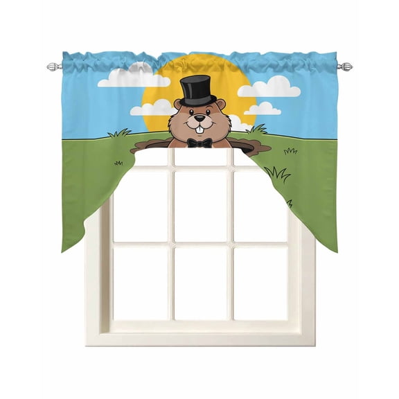 Happy Groundhog Day Swag Valances for Windows, Small Curtains Drapes, Cartoon Ground Hog Grass Sun Sky Blue Kitchen Window Curtains Over Sink Window Treatment Valance for Bedroom/Bathroom 56"x36"