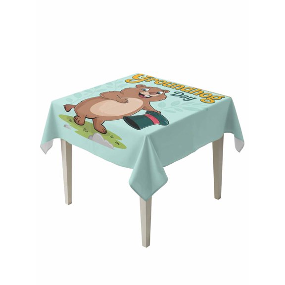 Happy Groundhog Day Table Cloth, Waterproof Tablecloth for Square Tables, Green Hat Spring Animals Mint Green Reusable Washable Fabric Table Cover for Restaurant Kitchen Dining Tables 54"x54"