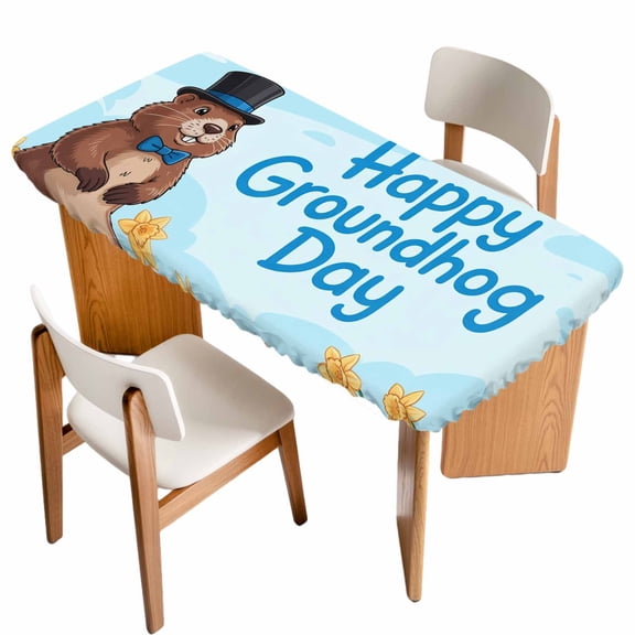 Happy Groundhog Day Table Cloths for 3 Foot Rectangle Tables, Cartoon Cute Ground Hog Flowers Sky Blue Patio Waterproof Elastic Fitted Tablecloths, Washable Rectangular Table Cover for Camping
