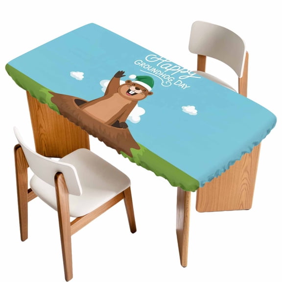 Happy Groundhog Day Table Cloths for 3 Foot Rectangle Tables, Cartoon Ground Hog Hole Blue Sky Country Patio Waterproof Elastic Fitted Tablecloths, Washable Rectangular Table Cover for Camping