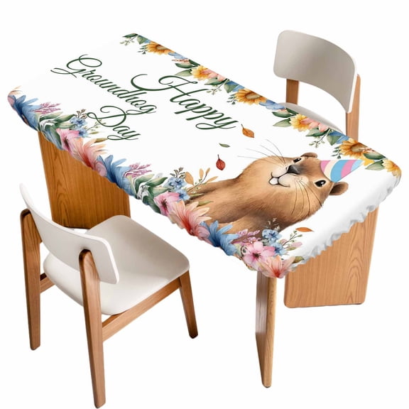 Happy Groundhog Day Table Cloths for 3 Foot Rectangle Tables, Cute Ground Rat Flower Bushes Leaves Patio Waterproof Elastic Fitted Tablecloths, Washable Rectangular Table Cover for Camping