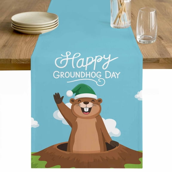 Happy Groundhog Day Table Runner - 36 Inch Long Cartoon Ground Hog Hole Blue Sky Country Cotton and Linen Blended Dress Scarves Farmhouse Table Runner for Kitchen Dining, Coffee Table, 13" x 36"