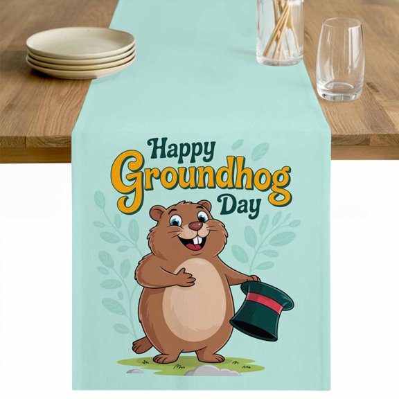 Happy Groundhog Day Table Runner - 36 Inch Long Green Hat Spring Animals Mint Green Cotton and Linen Blended Dress Scarves Farmhouse Table Runner for Kitchen Dining, Coffee Table, 13" x 36"