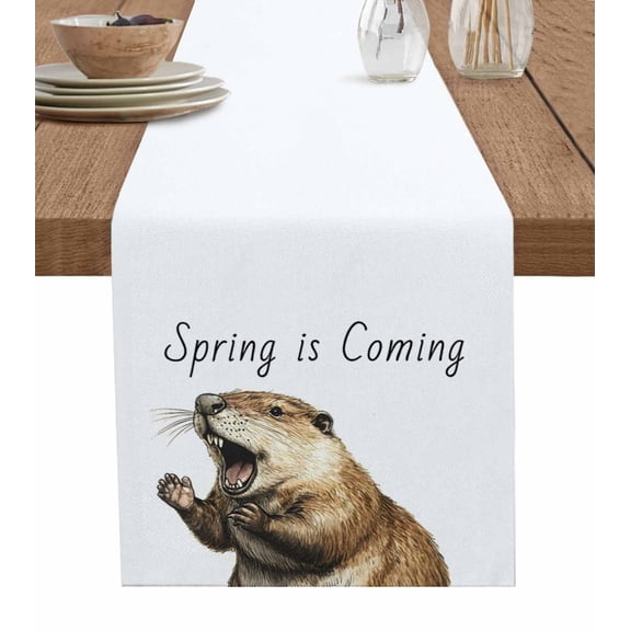 Happy Groundhog Day Table Runner 36 Inches, February Spring Party Cute Animals Bed Runner Dresser Scarves Tabletop for Indoor Outdoor Parties/Ceremony/Banquet, 13"x 36"