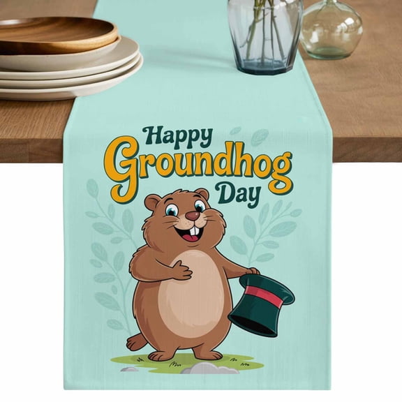 Happy Groundhog Day Table Runner 36 Inches, Green Hat Spring Animals Mint Green Bed Runner Dresser Scarves Tabletop for Indoor Outdoor Parties/Ceremony/Banquet, 13"x 36"
