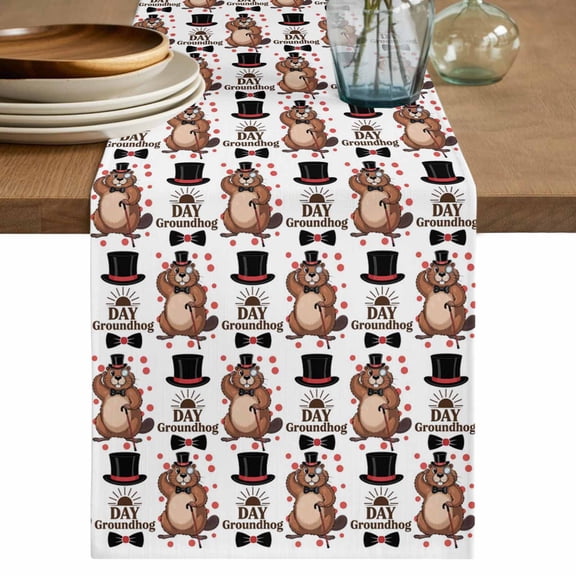 Happy Groundhog Day Table Runner 36 Inches, Vintage Cartoon Black Hat Groundhog Bed Runner Dresser Scarves Tabletop for Indoor Outdoor Parties/Ceremony/Banquet, 13"x 36"