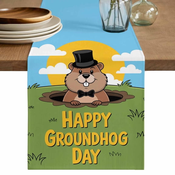 Happy Groundhog Day Table Runner 48 Inches, Cartoon Ground Hog Grass Sun Sky Blue Bed Runner Dresser Scarves Tabletop for Indoor Outdoor Parties/Ceremony/Banquet, 13" x 48"
