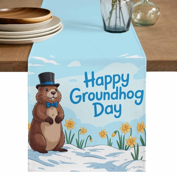 Happy Groundhog Day Table Runner, Cartoon Cute Ground Hog Flowers Sky Blue Washable Cotton Linen Table Runners 48 Inches Long, Dresser Scarf Runner for Nightstand/Coffee/End Tables 13''x48''