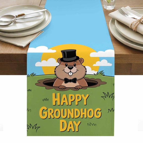 Happy Groundhog Day Table Runner Cartoon Groundhog Hole Grass Blue Sky Sun Table Runners Dresser Scarves Holiday Kitchen Dining Table Decoration for Home Party Indoor 13x36 Inch
