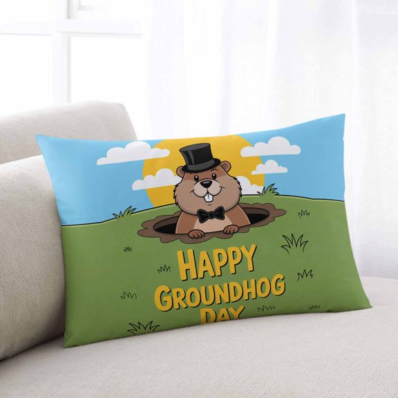 Happy Groundhog Day Throw Pillow Covers, Cartoon Ground Hog Grass Sun Sky Blue Soft Breathable Pillow Cases with Invisible Zipper, Toddler Pillowcases for Couch Bed Sofa Chair 12x20 Inches