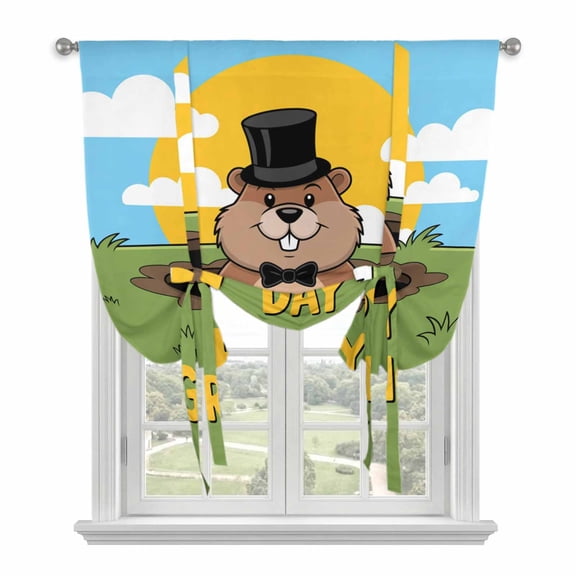 Happy Groundhog Day Tie Up Curtains for Window, Thermal Insulated Balloon Shade Adjustable Rod Pocket Curtains Valance Panels for Kitchen Bathroom Cafe 42 x 45 Cartoon Ground Hog Grass Sun Sky Blue