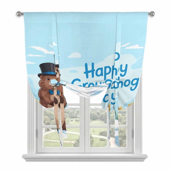 Happy Groundhog Day Tie Up Curtains for Windows, Adjustable Balloon Window Shades, Cartoon Cute Ground Hog Flowers Sky Blue Kitchen Window Treatments Farmhouse Short Curtains with Rod Pocket 42"x45"