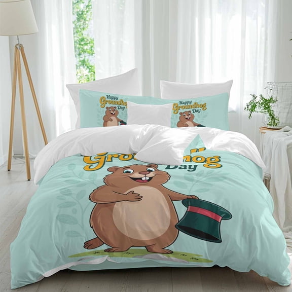 Happy Groundhog Day Twin Size Comforter Set, Cartoon Black Hat Groundhog Mint Green Bedding for All Seasons, 4 Pcs Bed Set, 1 Quiltcover (68"x86") ,1Sheet(67"x116"), 2Pillowcases (30"x20")