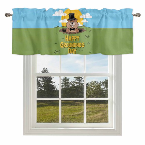 Happy Groundhog Day Valances for Windows Cartoon Groundhog on Meadow Rod Pocket Curtain Valance Window Treatment Short Curtains for Kitchen Living Room,42x12in