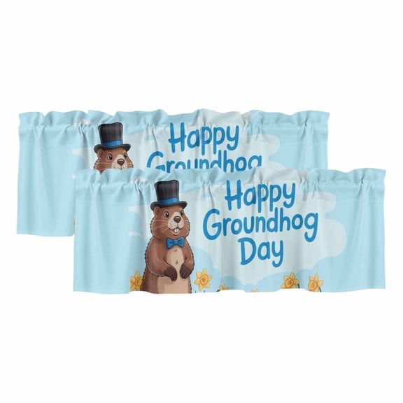 Happy Groundhog Day Valances for Windows, Decorative Rod Pocket Window Valance Curtains, Cartoon Cute Ground Hog Flowers Sky Blue Short Curtain Drapes for Kitchen/Living Room, 2 Panels, 42" W x 12" L