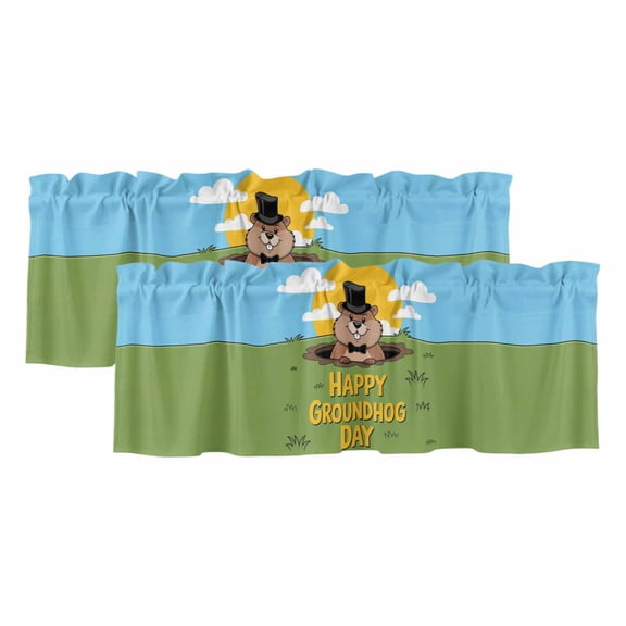 Happy Groundhog Day Valances for Windows, Decorative Rod Pocket Window Valance Curtains, Cartoon Ground Hog Grass Sun Sky Blue Short Curtain Drapes for Kitchen/Living Room, 2 Panels, 54" W x 18" L