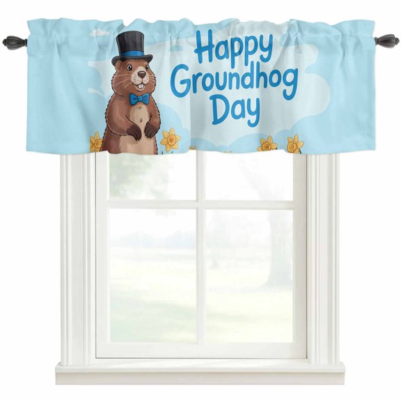 Happy Groundhog Day Valances for Windows Farmhouse Kitchen Curtains Valances Rod Pocket Valance Curtains for Windows Cartoon Cute Ground Hog Flowers Sky Blue Valances for Bathroom Bedroom 42"x18"