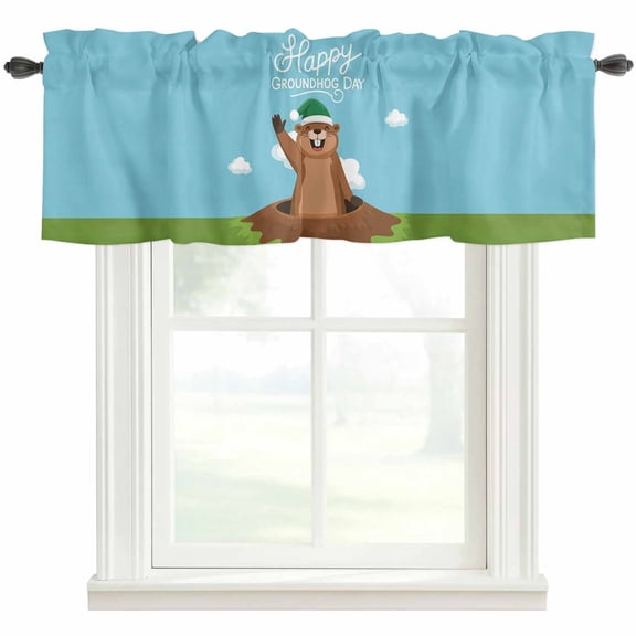 Happy Groundhog Day Valances for Windows Farmhouse Kitchen Curtains Valances Rod Pocket Valance Curtains for Windows Cartoon Ground Hog Hole Blue Sky Country Valances for Bathroom Bedroom 42"x12"