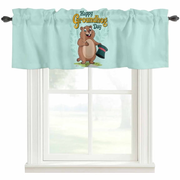 Happy Groundhog Day Valances for Windows Farmhouse Kitchen Curtains Valances Rod Pocket Valance Curtains for Windows Green Hat Spring Animals Mint Green Window Valances for Bathroom Bedroom 42"x18"