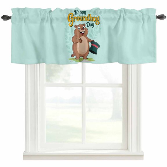 Happy Groundhog Day Valances for Windows Farmhouse Kitchen Curtains Valances Rod Pocket Valance Curtains for Windows Green Hat Spring Animals Mint Green Window Valances for Bathroom Bedroom 42"x12"