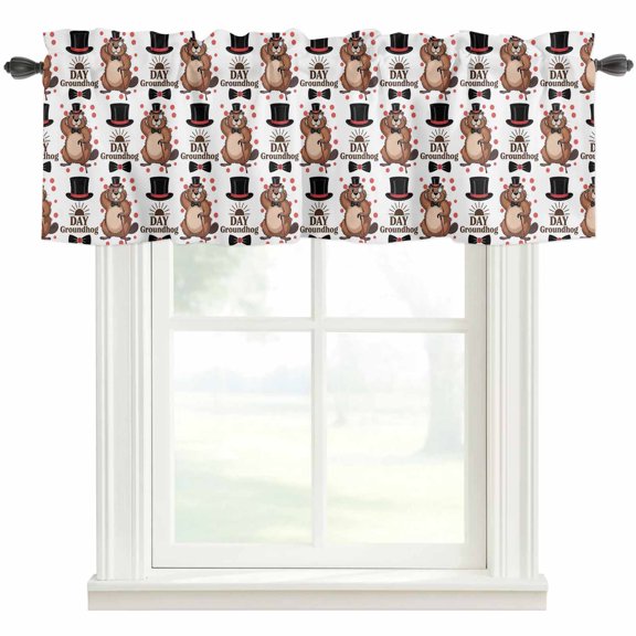 Happy Groundhog Day Valances for Windows Farmhouse Kitchen Curtains Valances Rod Pocket Valance Curtains for Windows Vintage Cartoon Black Hat Groundhog Window Valances for Bathroom Bedroom 42"x12"