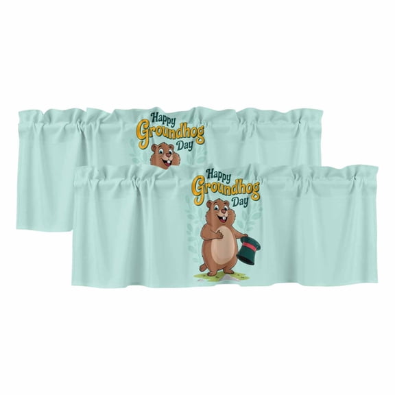 Happy Groundhog Day Valances for Windows, Green Hat Spring Animals Mint Green Light Filtering Kitchen Curtains, Rod Pocket Window Valance Curtains for Living Room Bedroom, 42" W x 12" L, 2 Panels