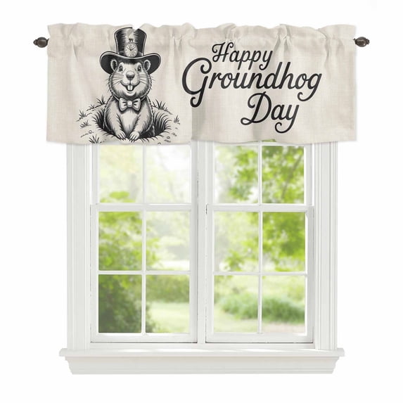 Happy Groundhog Day Window Valance for Kitchen, Hand-Painting Black White Groundhog Linen Texture Rod Pocket Short Curtain for Small Windows, Light Filtering Decorative Valance, 56 x 16 Inch