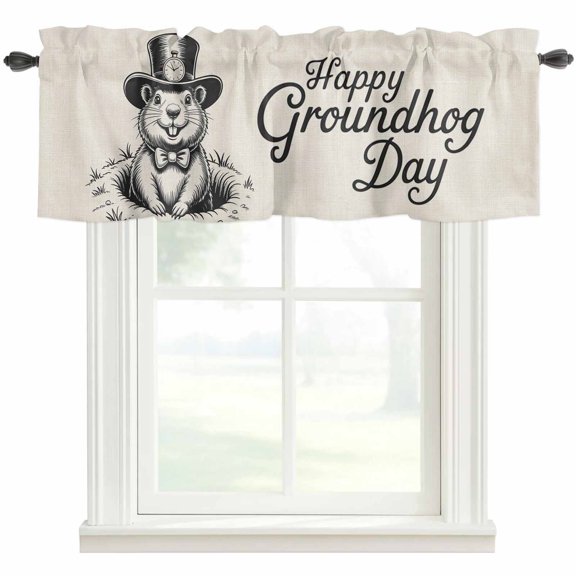 Happy Groundhog Valances for Windows Farmhouse Kitchen Curtains Valances Rod Pocket Valance Curtains for Kitchen Windows Spring Vintage Groundhog Line Art Window Valances for Bathroom Bedroom 42"x12"