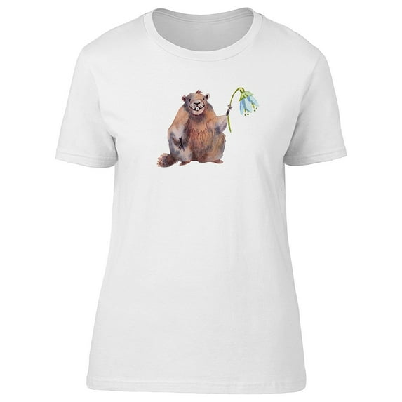Happy Groundhog With Flower T-Shirt Women -Image by Shutterstock, Female XX-Large