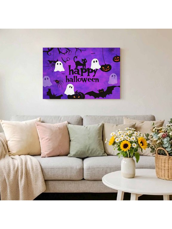 Happy Hallooween White Ghosts Framed Canvas Wall Art Print in USA,Canvas Pictures Painting Prints Black Pumpkins on Purple Wall Artwork for Home Office Living Room Bedroom Decor,10"x8"