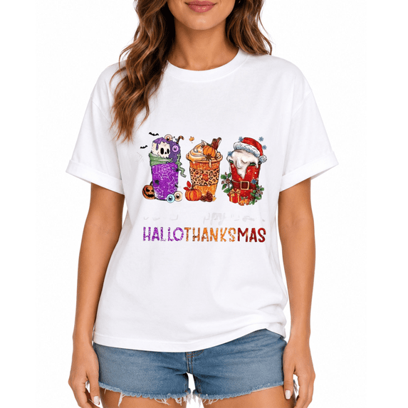 Happy Hallotanksmas T Shirt Women Halloween Thanksgiving Christmas Hybrid Holiday Graphic Tee Funny Seasonal Fusion Top