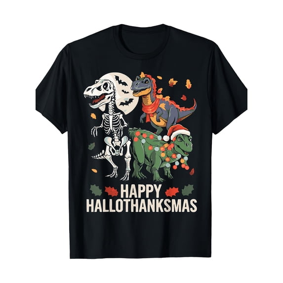 Happy Hallothanksmas Dinosaur Skeleton Holiday Graphic Tee for Men Women, Funny Halloween Thanksgiving Christmas Short Sleeve T-Shirt, Casual Crew Neck Top for Holiday Gift