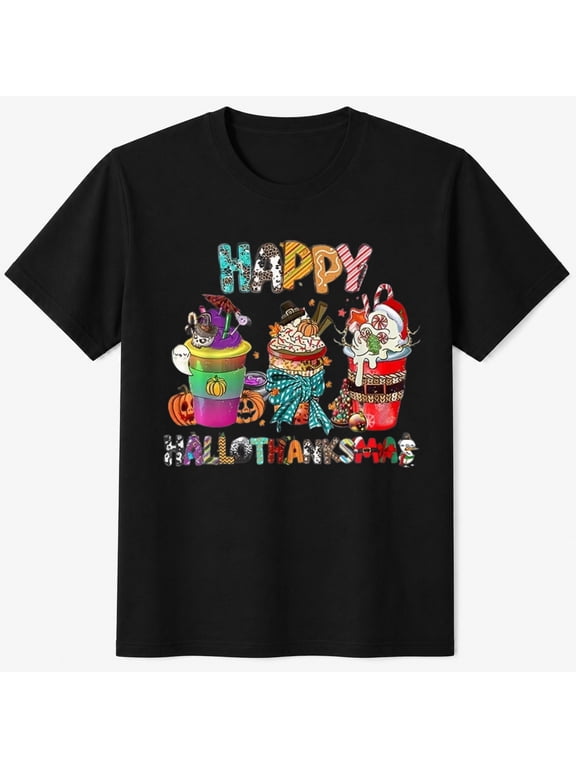 Happy Hallothanksmas Festive Drinks T-Shirt, Halloween Thanksgiving Christmas Graphic Short Sleeve Casual Shirt