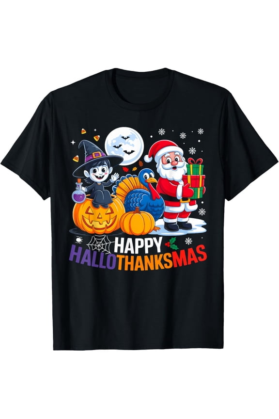 Happy Hallothanksmas Funny Halloween Thanksgiving Christmas Mens T-Shirt