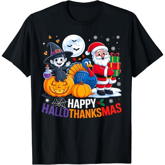 Happy Hallothanksmas Funny Halloween Thanksgiving Christmas Mens T-Shirt