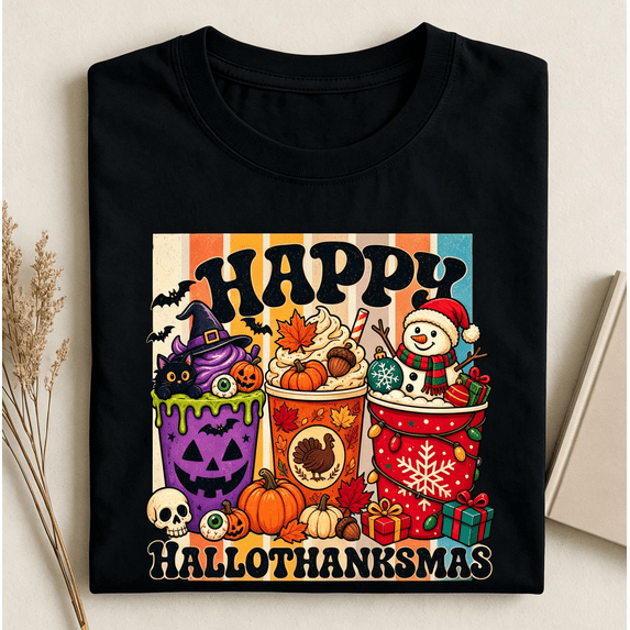 Happy Hallothanksmas Graphic T‑Shirt, Retro Coffee Cup Tee, Short Sleeve Crewneck Holiday Top for Women