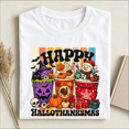 thumbnail image 1 of Happy Hallothanksmas Graphic T‑Shirt, Retro Coffee Cup Tee, Short Sleeve Crewneck Holiday Top for Women, 1 of 9