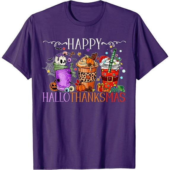 Happy Hallothanksmas Halloween Thanksgiving Christmas DTG Print Unisex T-Shirt,Purple Color,Size 3T