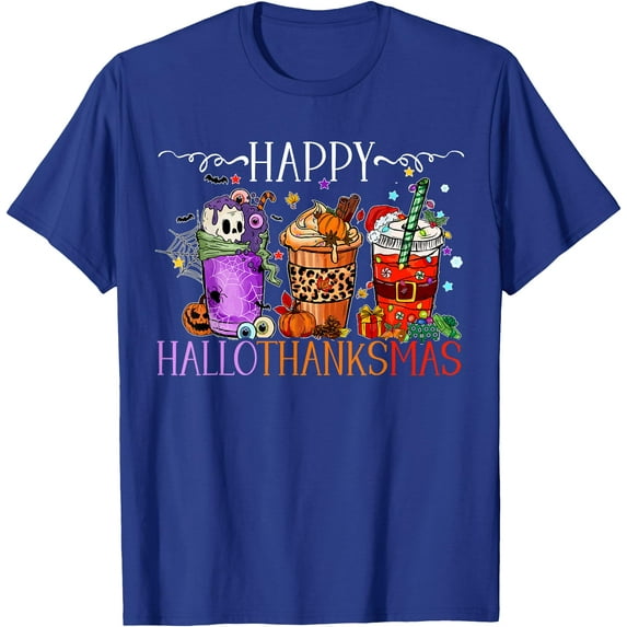 Happy Hallothanksmas Halloween Thanksgiving Christmas DTG Print Unisex T-Shirt,Royal Blue Color,Size 5XL