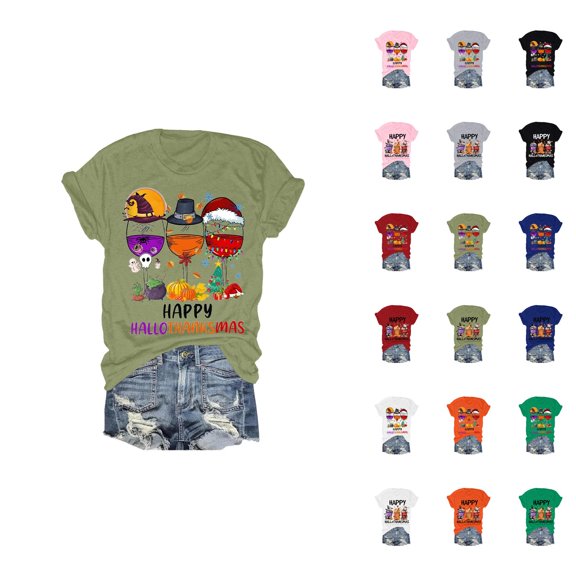 Happy Hallothanksmas Halloween Thanksgiving Christmas Tshirts Women 2025 Short Sleeve Crewneck Graphic Shirts for Women