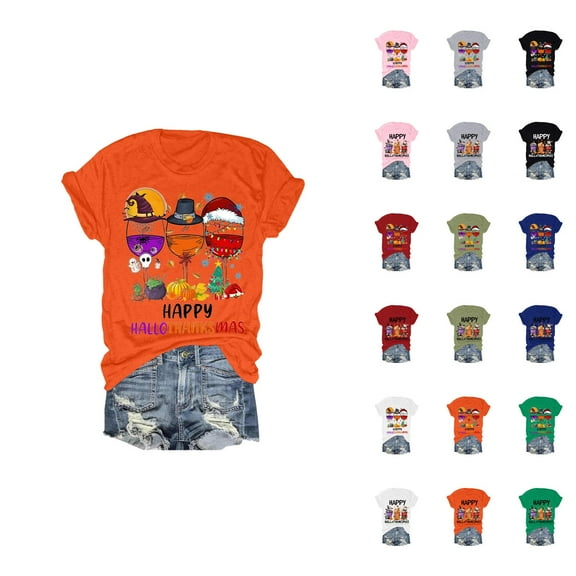 Happy Hallothanksmas Halloween Thanksgiving Christmas Tshirts Women 2025 Short Sleeve Crewneck Graphic Shirts for Women