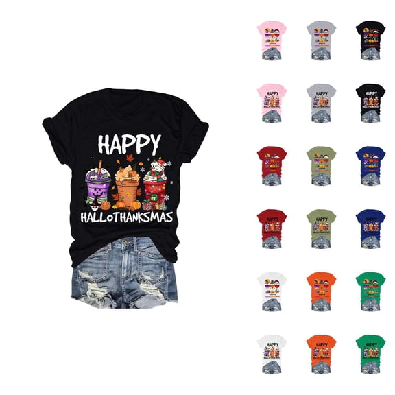 Happy Hallothanksmas Halloween Thanksgiving Christmas Tshirts Women 2025 Short Sleeve Crewneck Graphic Shirts for Women