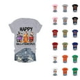 thumbnail image 1 of Happy Hallothanksmas Halloween Thanksgiving Christmas Tshirts Women 2025 Short Sleeve Crewneck Graphic Shirts for Women, 1 of 5