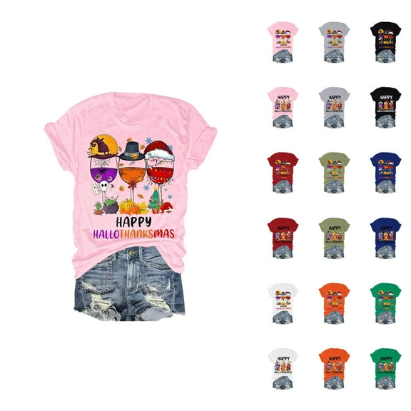 Happy Hallothanksmas Halloween Thanksgiving Christmas Tshirts Women 2025 Short Sleeve Crewneck Graphic Shirts for Women